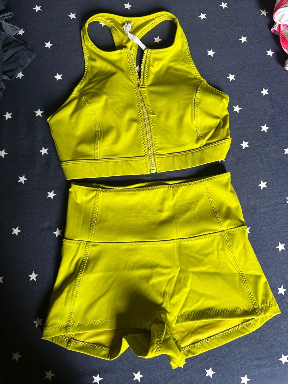 Fabletics Neon Lime Zip-Front Swim Bodysuit Set